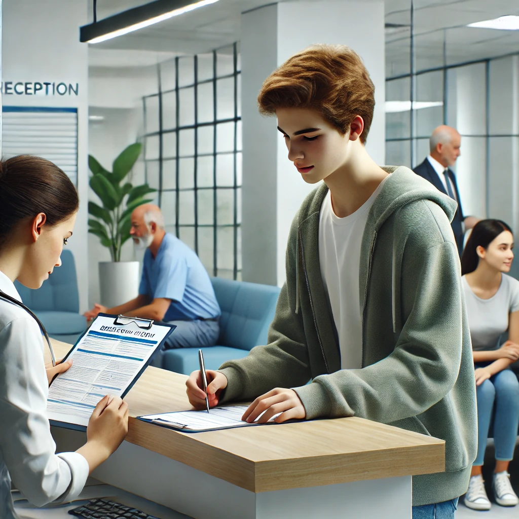 청소년이 병원 접수처에서 의료 서류를 작성하는 모습