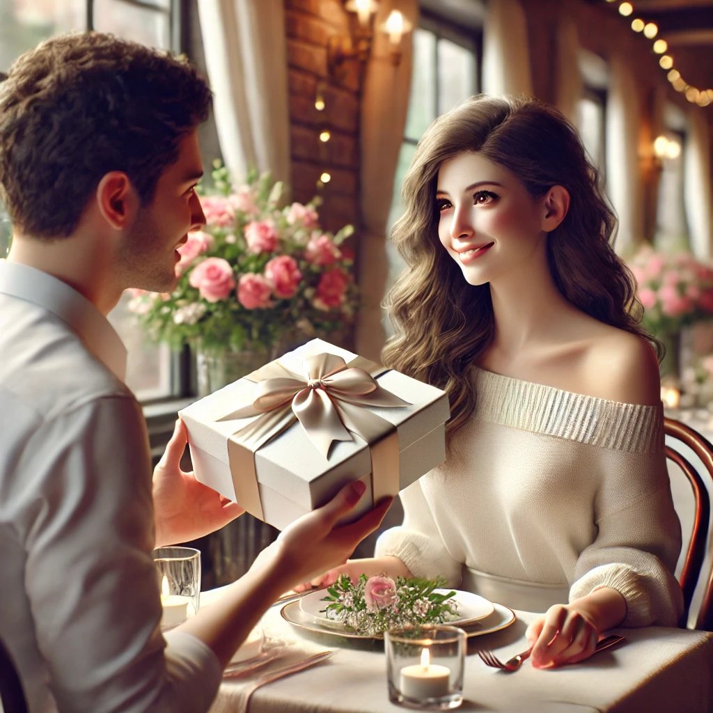남성이 여성에게 선물을 건네는 장면