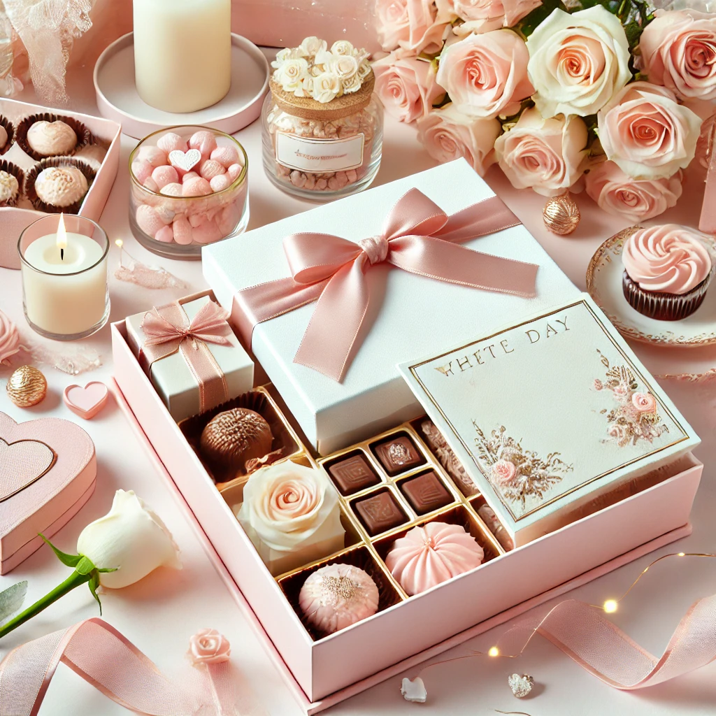 초콜릿, 사탕, 손편지가 포함된 예쁘게 포장된 선물 세트